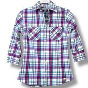 Carhartt Vibrant Plaid Button Down Western Inspired Curved Hem 3/4 Sleeve Shirt